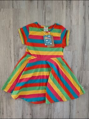 NWT Frugi Rainbow Stripe Kids Dress, 4-5Y (V8)